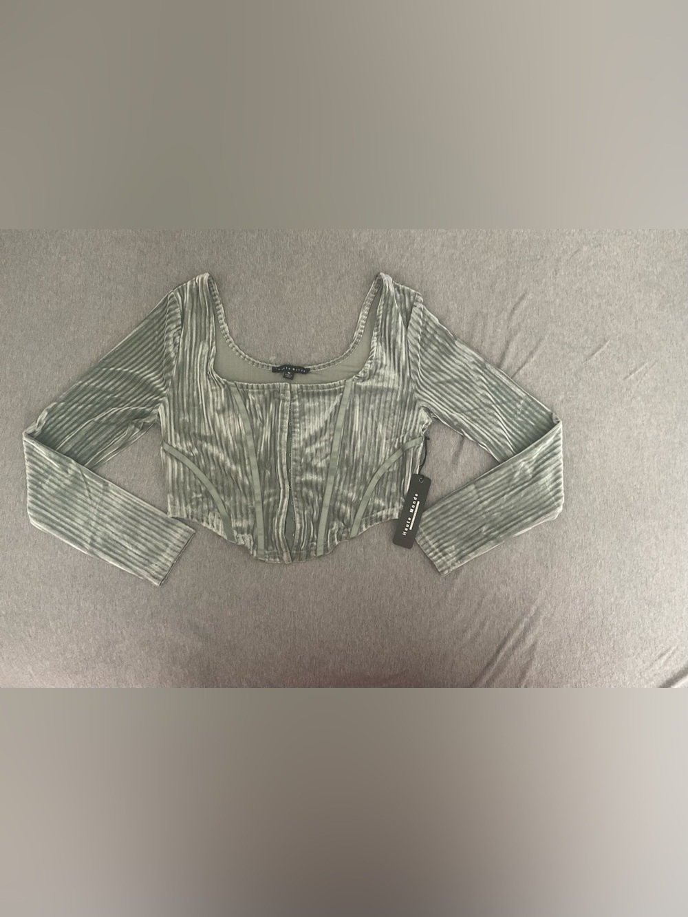 New Haute Monde Sage Green Velvet Corset Crop Top with satin ribbing size M
